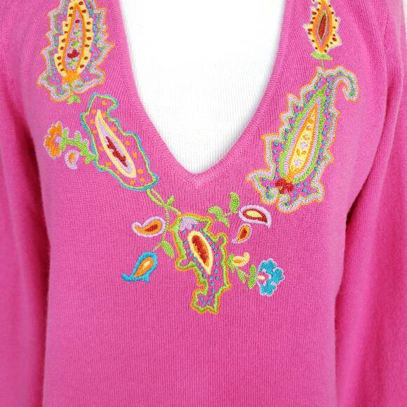 Ralph Lauren Black Label Embroidered Pink V-Neck Cashmere Sweater Size M - Picture 4 of 14